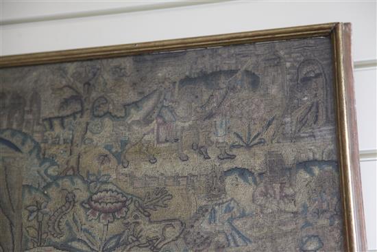 An early 17th century needlework panel of King Ahasuerus receiving Esther, 16.75 x 21in.